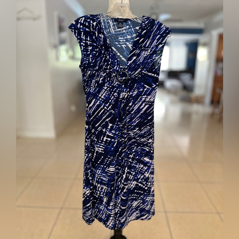 Chaps Blue and White Maxi Dress with V-Neck and Flutter Cap Sleeves
